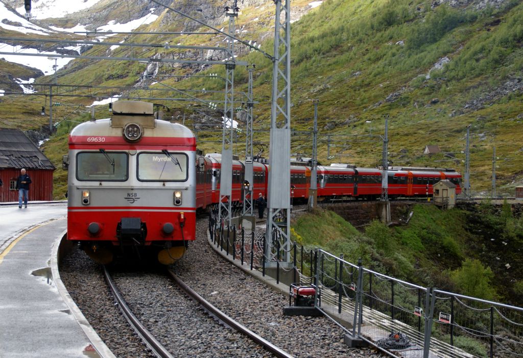 After about 45 minutes, we reached Myrdal. Given that the journey up had been pretty scenic, I was expecting some sort of magnificent panorama-type view from Myrdal. However, it was just a railway station 3,000 feet up a mountain. There was not really anything to see here at all. So we switched on to this other train to travel back down to Flam.