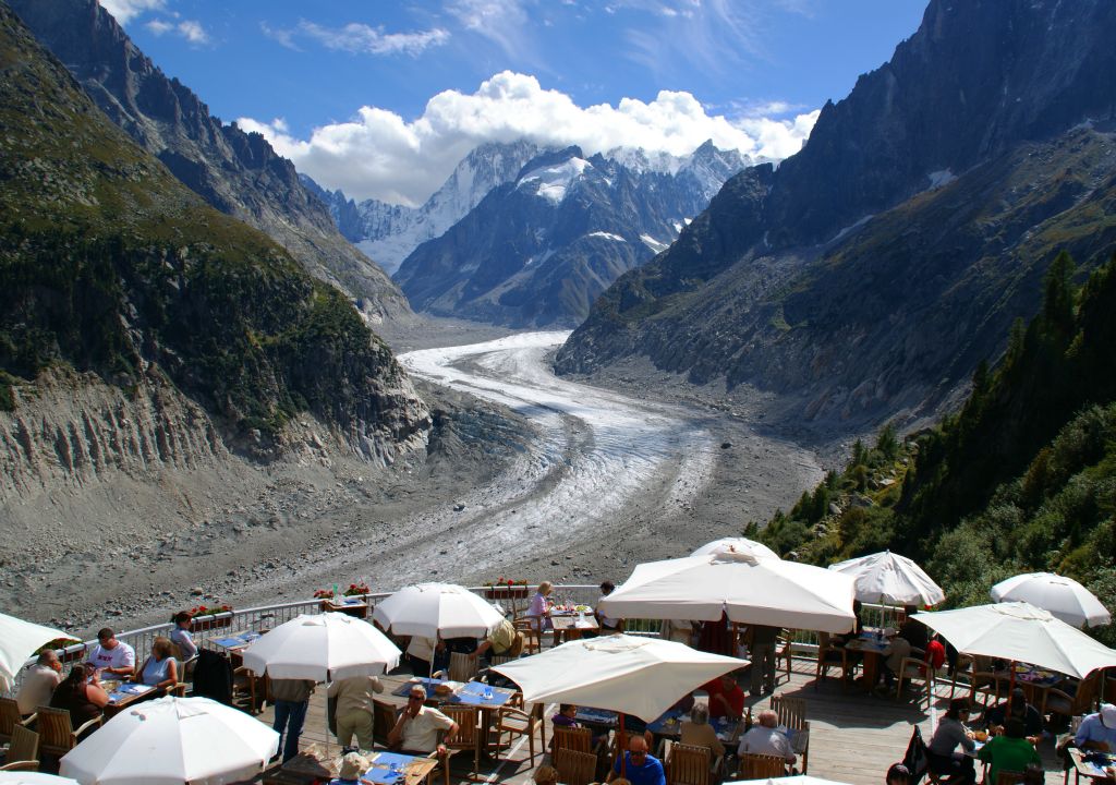 Montenvers overlooks the Mer de Glace glacier, which can be seen here snaking away into the mountains.