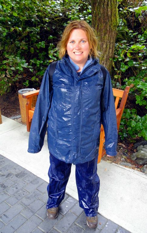 We decided to walk the three miles from the hotel into Tofino so that we could enjoy a couple of beers with lunch. On the way in it started to rain and it continued to rain for the rest of the day. Fortunately, we’d come prepared for this sort of weather, as Judith is demonstrating here.We had a fantastic lunch in the Shelter restaurant too.