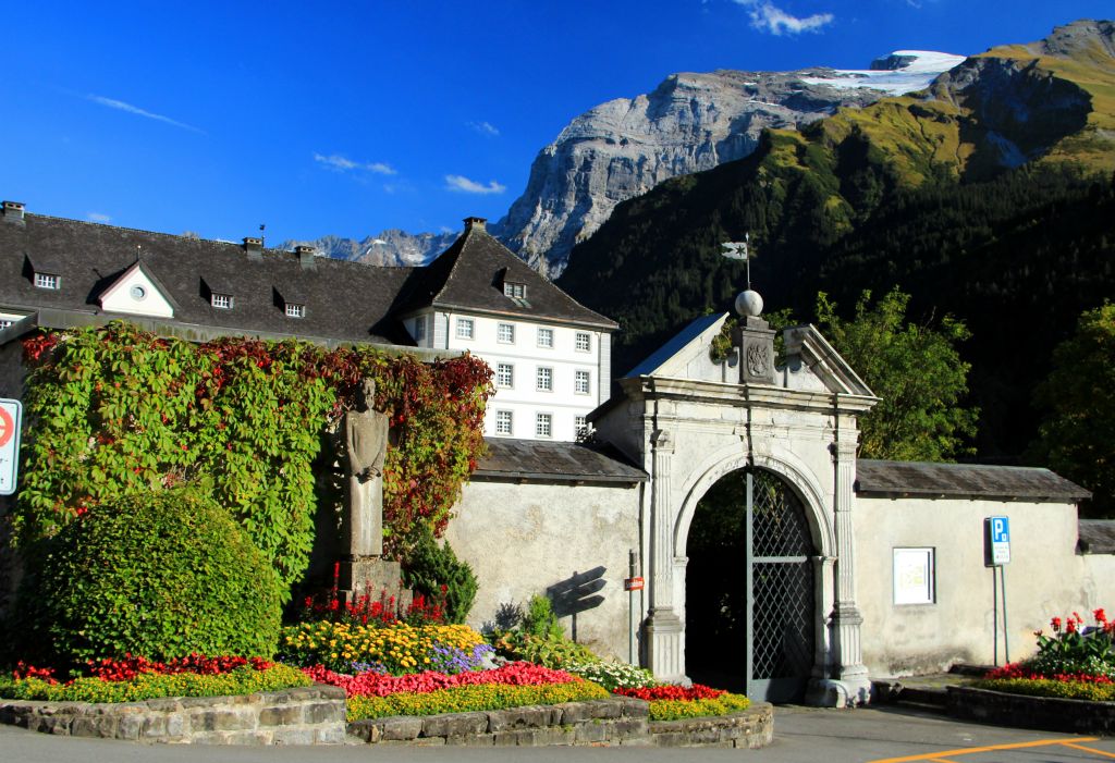 This is the entrance to the monastery, which is the largest building in Engelberg.
