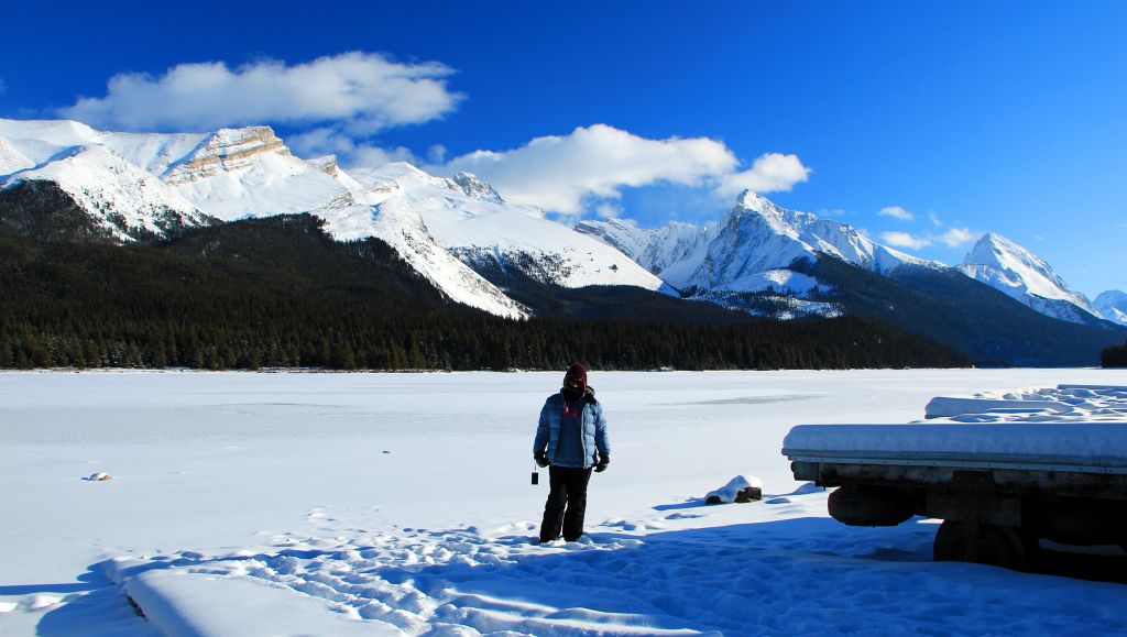 A view of Maligne Lake. Or at least a view of the snow covering the ice that's covering Maligne Lake.
