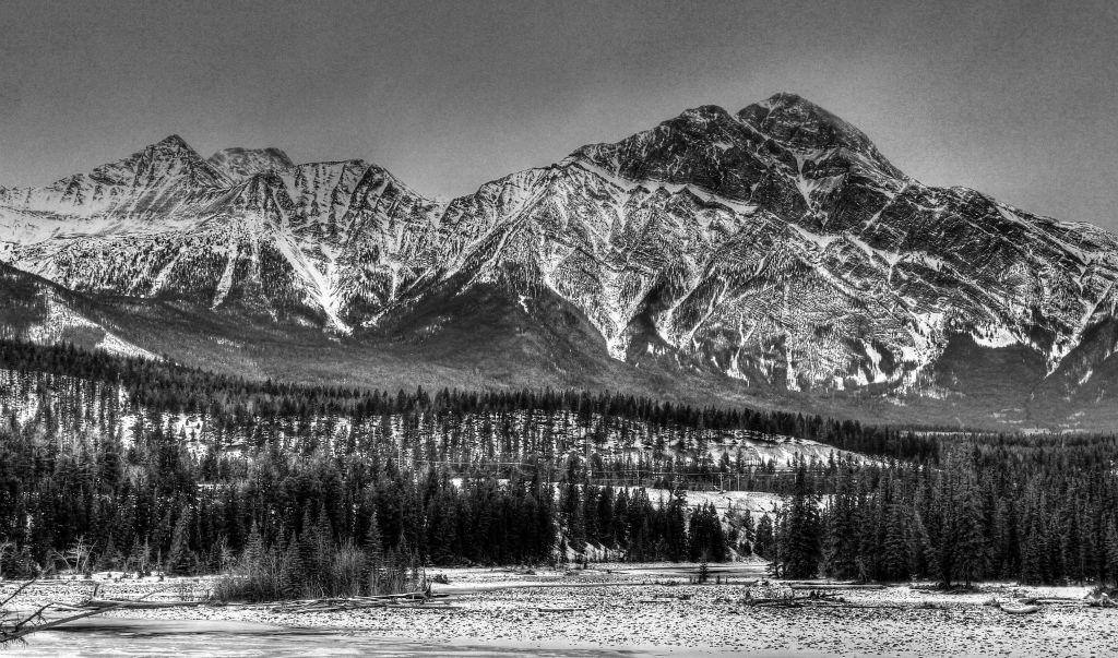 This was the view of Pyramid Mountain from the trail. I've converted it to black and white because there was virtually no colour in the photo anyway and this (I think) makes it more dramatic.