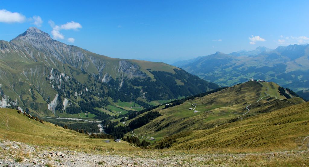 Sunday - Lovely weather again today, so we decided to head straight up the cablecar to Sillerenbuhl (1,974m), which you can just about make out on the hill on the right in this photo. The peak on the left is Albristhorn (2,762m).From Sillerenbuhl we decided to undertake the short walk (about 2 miles/3km) to Hahnenmoos, which at 1,957m was slightly lower than where we were setting off from, which pleased Judith greatly. Judith followed the sensible and relatively flat trail that everyone else was on. I decided to make it a bit more interesting/challenging by taking a side trail up to the ridge at Lavey (2,200m) before heading back down to Hahnenmoos.