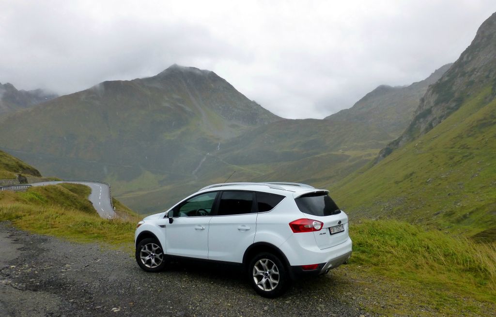 This is our newly “repaired” Kuga at the top of the Oberalppass. The view was slightly better in the opposite direction, but the sleet was driving into my face, and the camera, so I had to point in this direction to be able to take the photo at all.