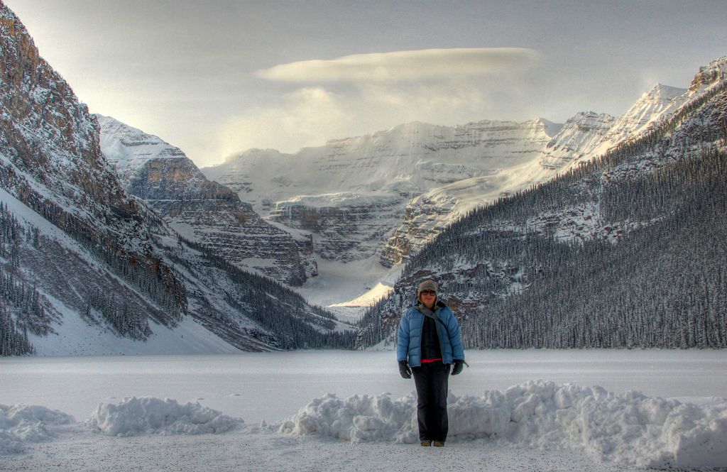Looking down the frozen Lake Louise to the Plain of the Seven Glaciers. Awesome.