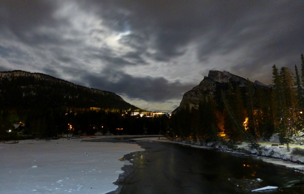 Walking back to the hotel, this was the view of the partially frozen Bow River from the bridge at the end of Banff Avenue. Tunnel Mountain is on the left, Mount Rundle is on the right.