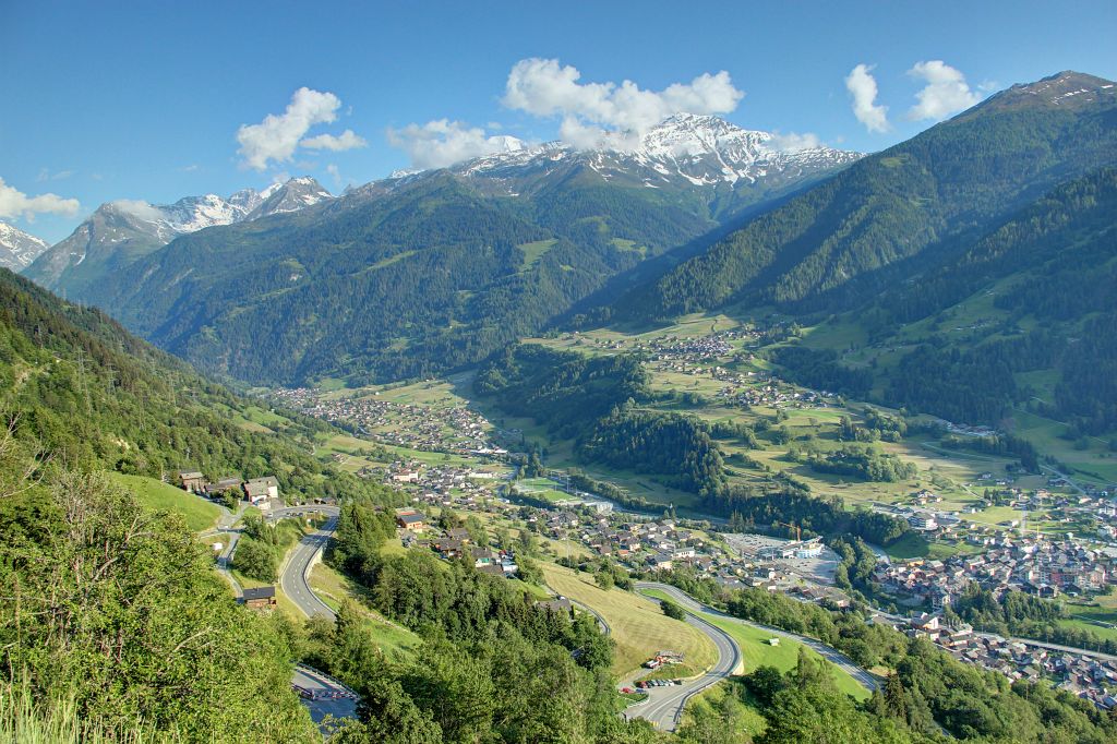 We left the valley floor and headed up the winding mountain road towards Verbier. Below we could see the towns of Chable and Montagnier. The mountains in the distance look hazy because it was scorching hot out. The car’s external temperature sensor had been showing 25-29C all day.