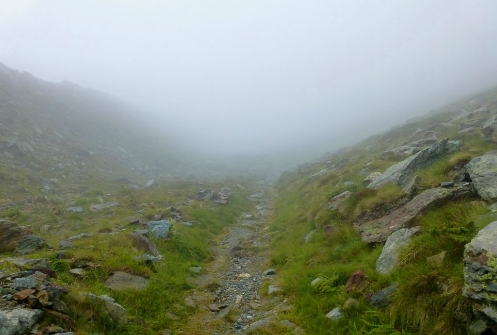I was probably only about half-a-mile from the Hutte now, but I was also inside the clouds, so I couldn’t be quite certain where it was as the trail switched back and forth up the side of the valley.