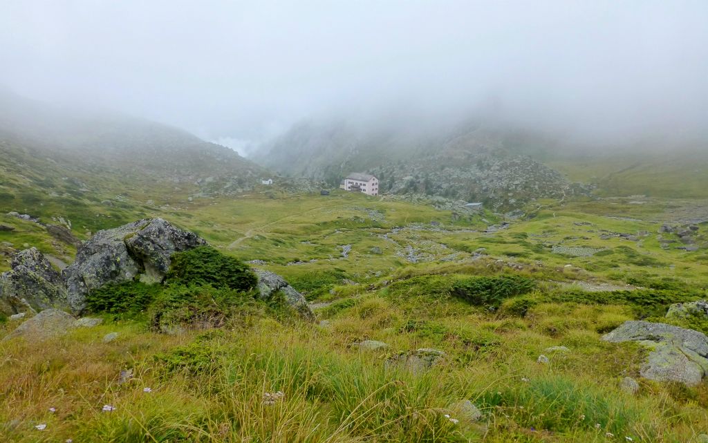 A while later, I got my first misty view of the mountain hut at Trift. I’d been walking for about three hours and I’d only seen two other hikers on the way up here. And I saw them about two minutes before I took this photo.