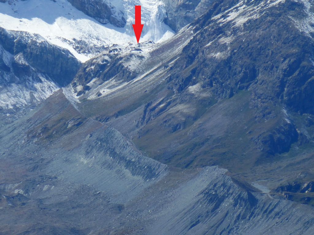 From the trail back to town, I could see all the way across to the Schonbielhutte, where I walked to on Sunday. Even on maximum zoom, the Hutte itself was still quite hard to see. In this photo you can just make out a dark rectangle under the arrow.