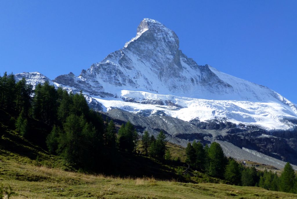 After a while, when the trees thinned out a bit, I started to get fabulous views of the Matterhorn ahead. This was taken outside the restaurant at Stafelalp.