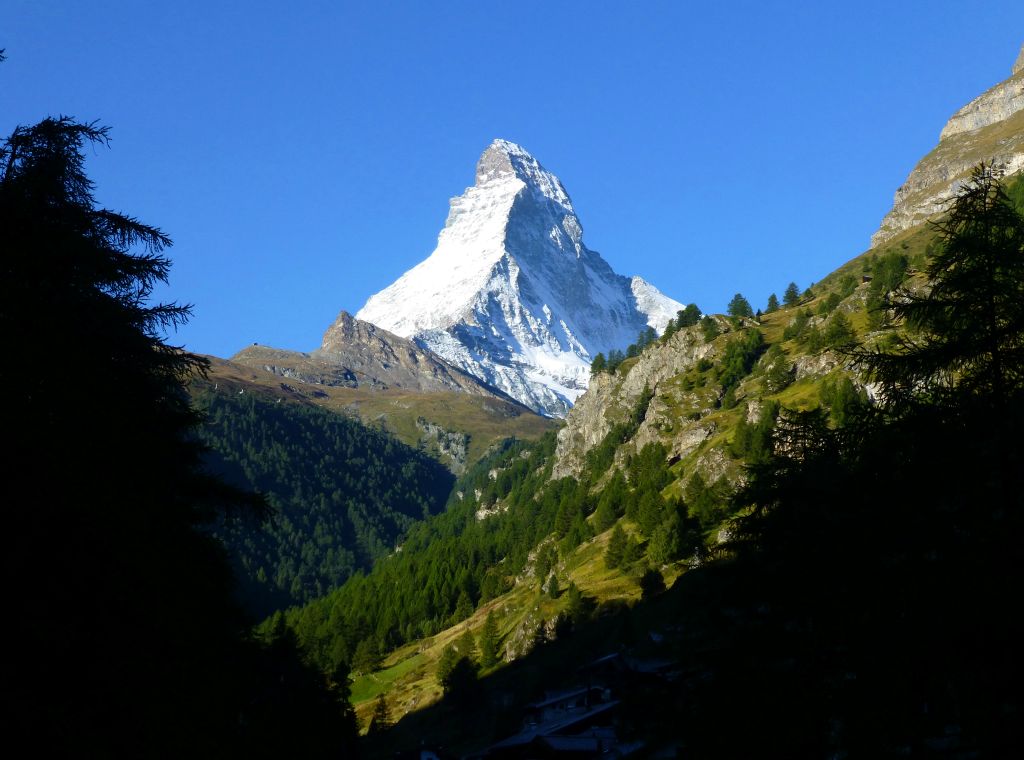 On my way back through town to the hotel, I was treated once again to this magnificent view of the Matterhorn.It was time to pack, get the little electric buggy back to the station, a train to Brig and another train to Geneva, from where we could catch our flight back to Heathrow.