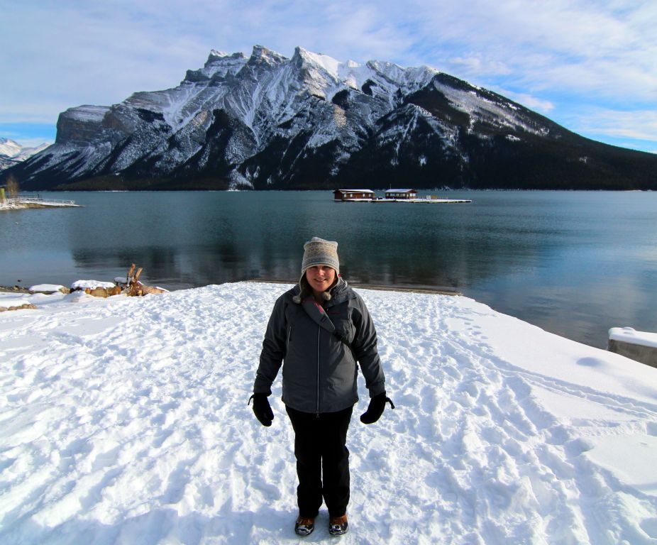 Judith on the boat ramp at Lake Minnewanka, with Mount Inglismaldie in the background.