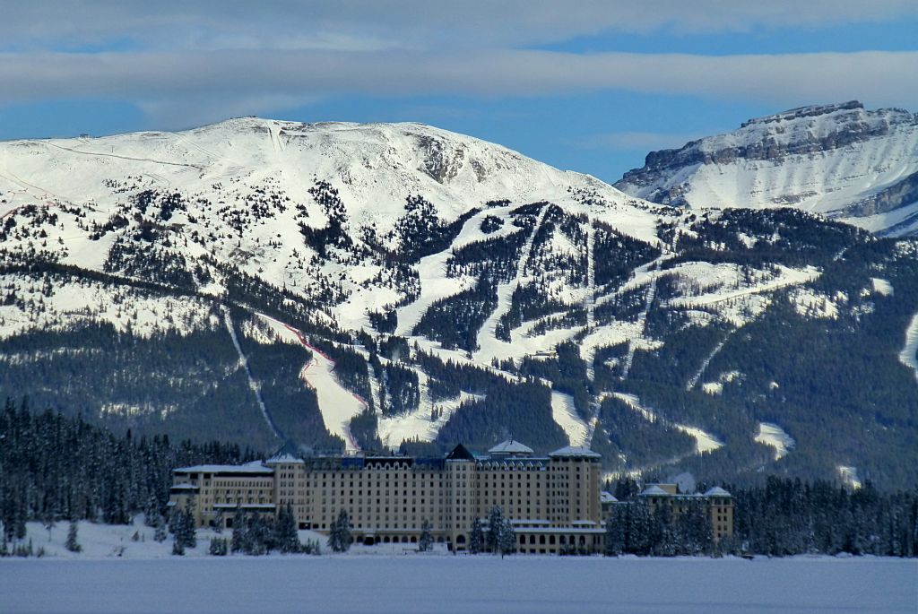 A view of the Fairmont Chateau Lake Louise against the ski trails on Whitehorn Mountain (I think) on the other side of the valley (where we were earlier).