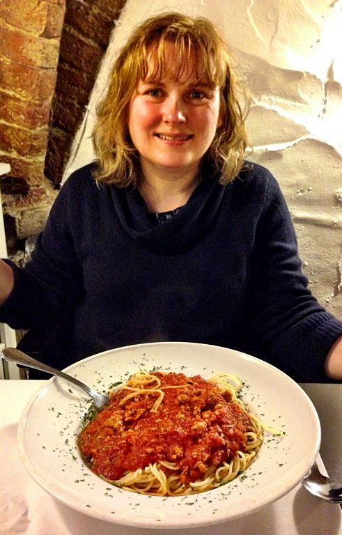It had also started raining (as Judith’s hair is demonstrating in this photo), so we retreated to one of our favourite Brugge bars - De Bier Bistro on Oude Burg - where we had a couple of lovely beers and some lunch.Judith’s spaghetti bolognese was as huge as it looks in the photo.