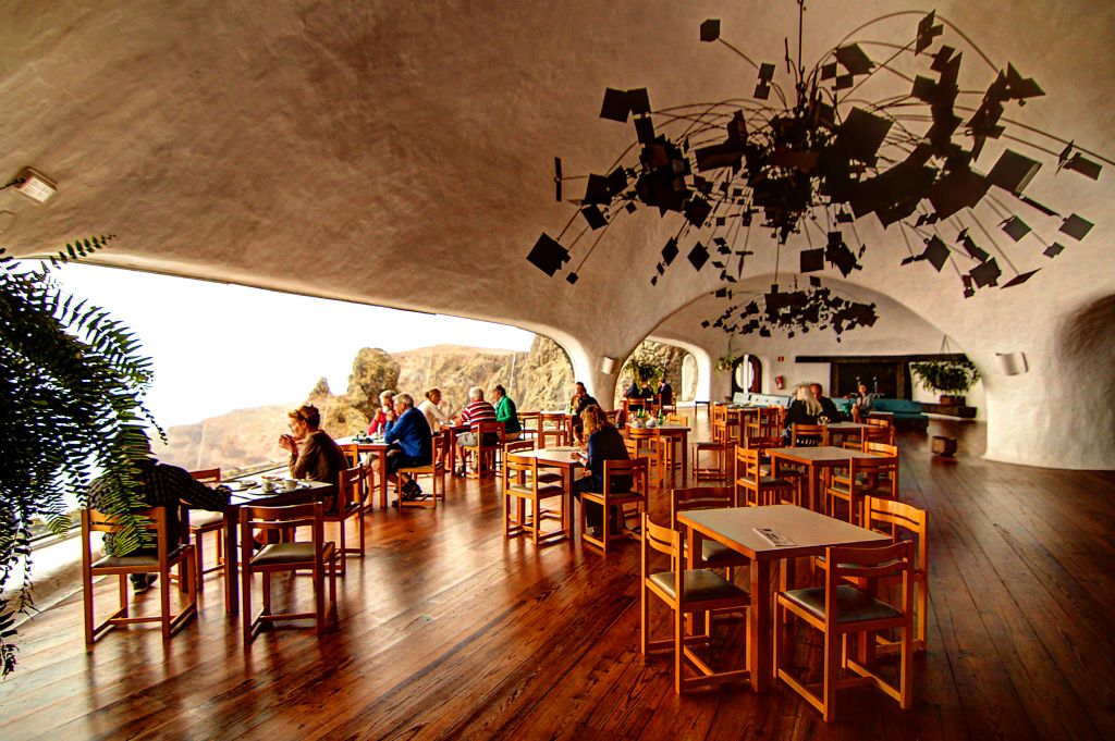As our flight home wasn’t until the evening, we had pretty much all day to occupy ourselves. So we drove almost the whole length of the island to the Mirador del Rio viewpoint. This is their bar/cafe with its giant windows looking out at the view.