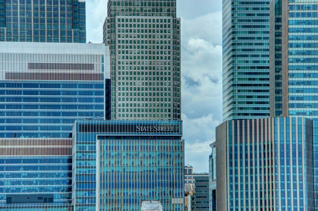 A close-up view of the buildings at Canary Wharf.