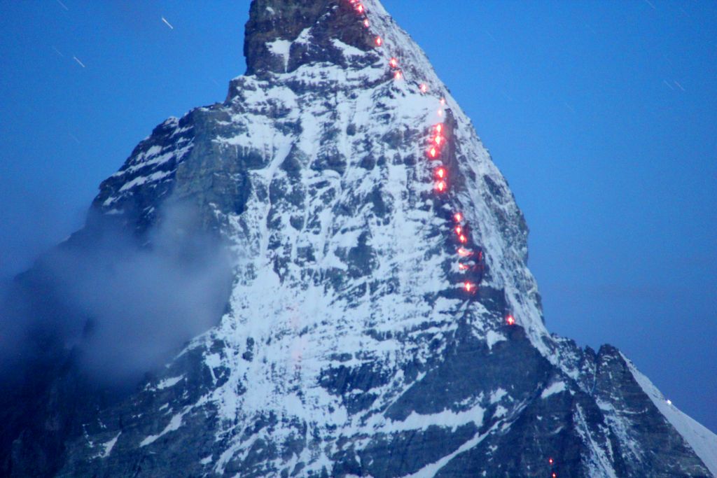 We speculated as to what the lights might be but subsequently discovered that they have been put there for the 2015 celebrations of the 150th anniversary of the first ascent of the Matterhorn. It appears that they were just trying them out. Given that the anniversary wasn’t for another ten months, they were definitely getting ahead of the game.