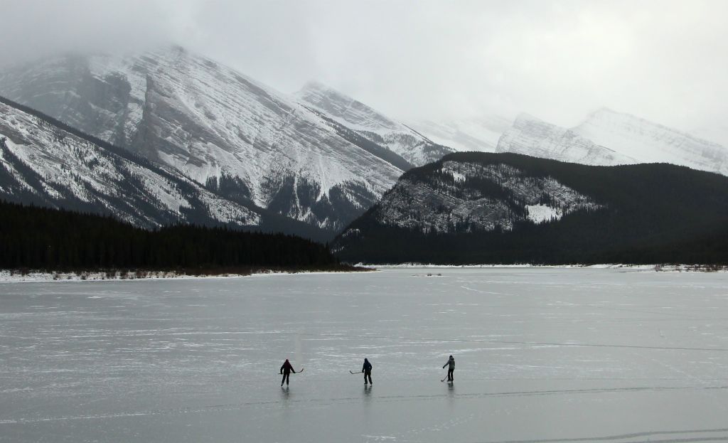 Although most of the Spray Lakes Reservoir wasn’t frozen over, that wasn’t discouraging this intrepid trio from skating on the bit that was. I’ve not idea how you’re supposed to tell if a partially frozen lake is safe to skate on, but this lot were clearly feeling confident.