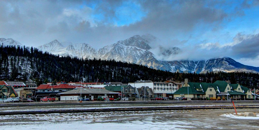 After a couple more hours of driving, we finally made it to Jasper. Here’s a picture of Jasper across the town’s train yard, with Pyramid Mountain just visible through the clouds in the background.
