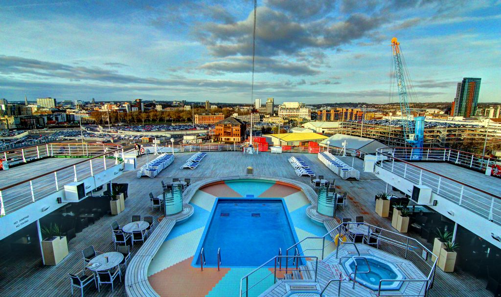 Out on deck, this was the view across Southampton from the back of Arcadia. It was impressive that they'd bothered to put any water in the pool as I couldn't see there being much opportunity for that sort of thing over the next week.