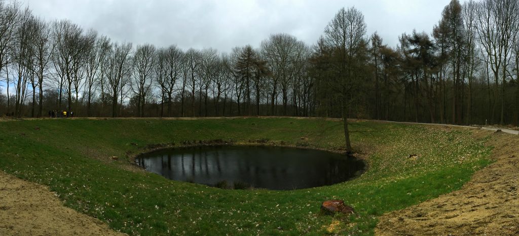 A panoramic shot of the Caterpillar crater. The crater is 260 feet across and 60 feet deep.