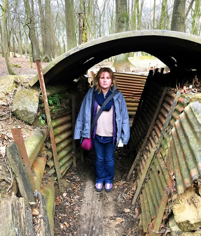 Judith in a trench. Given that her head and shoulders poke over the top of these trenches, it must have been a real pain moving around for "normal" sized people.