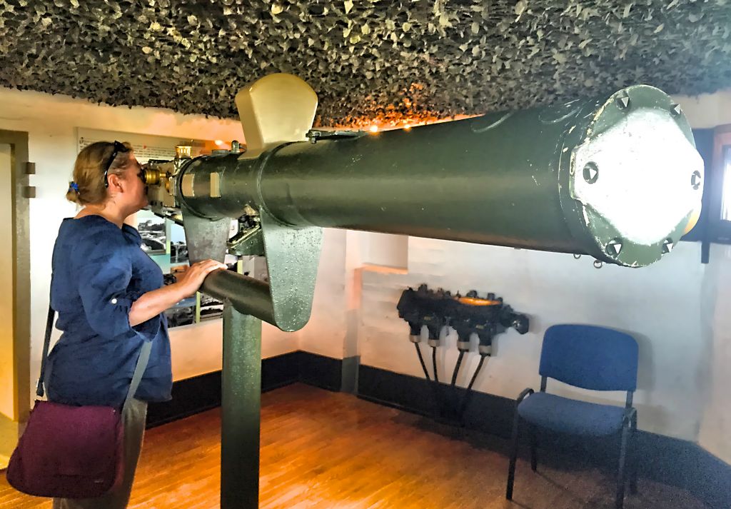 Although this device looks like a telescope, it's actually a pair of binoculars used for range finding. There was another one, twice the size, on the roof of the bunker.