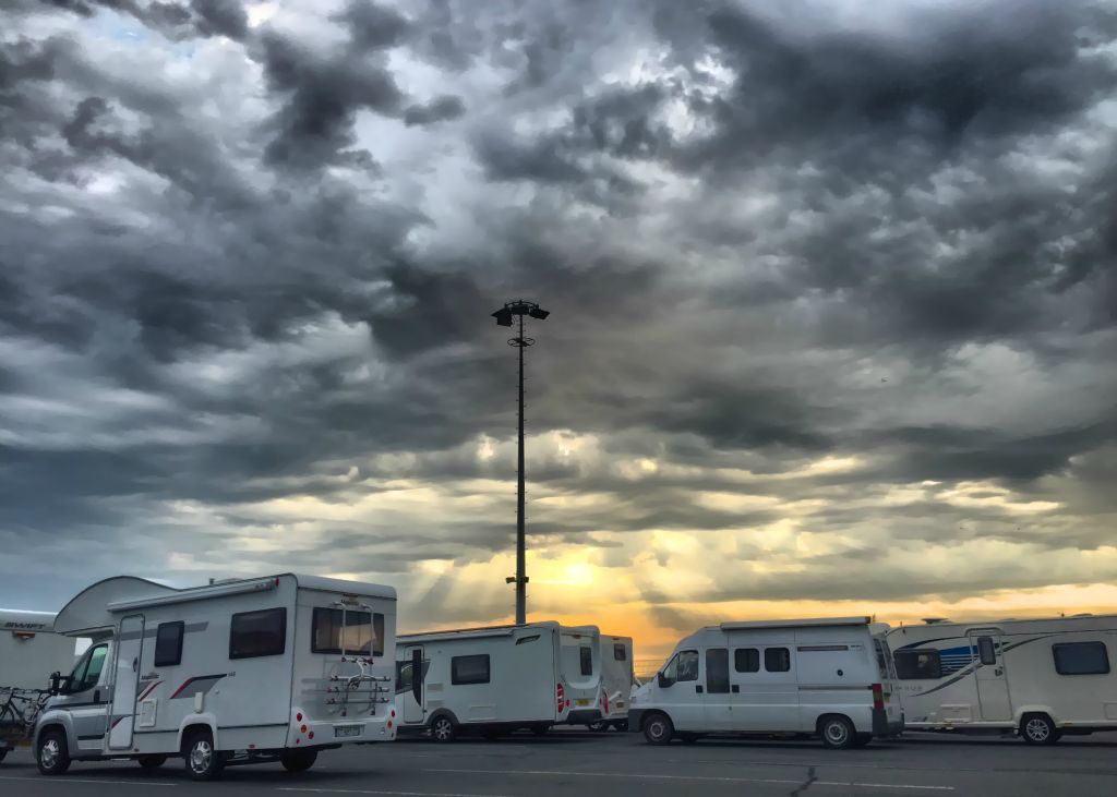 Saturday - We awoke in the middle of a thunderstorm! No rain though. We packed the car and headed for the ferry terminal while the thunder and lightning continued in the distance. Here are some of the caravans and camper vans queuing to board the ferry.
