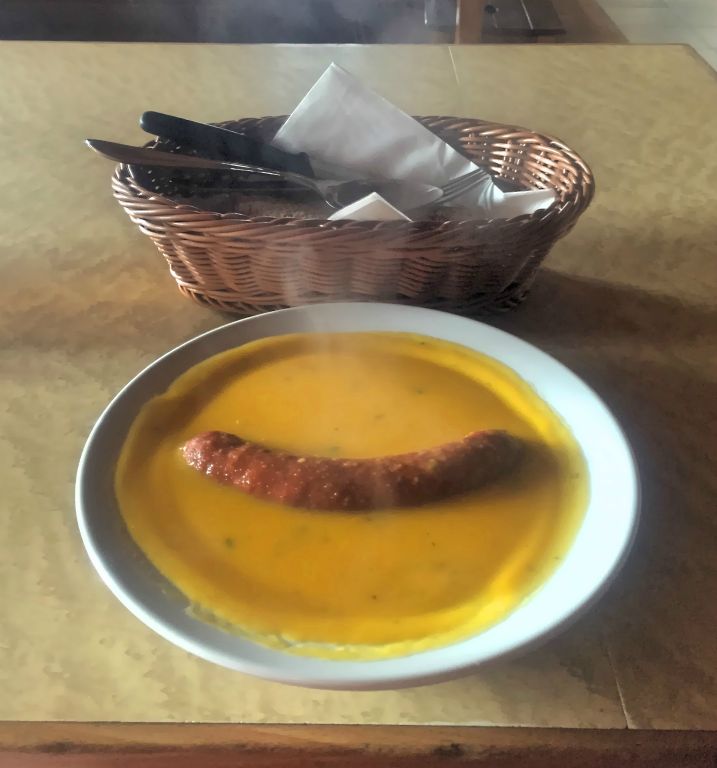 At the Hutte, I ordered soup for lunch. The lady asked something in heavily accented English, which I assumed was "would you like bread with your soup"?. It appears what she was actually asking was "would you like a massive sausage in your soup?" And very nice it was too.