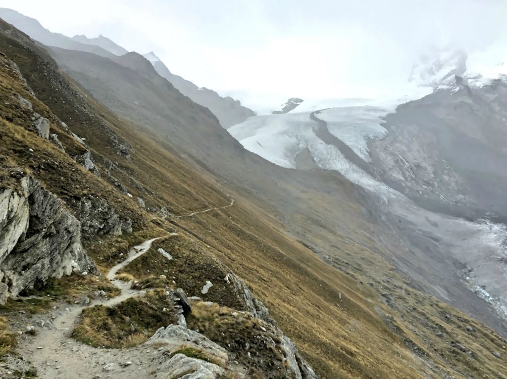 Here you can see the trail winding along the side of the valley to the Gorner Glacier in the distance.