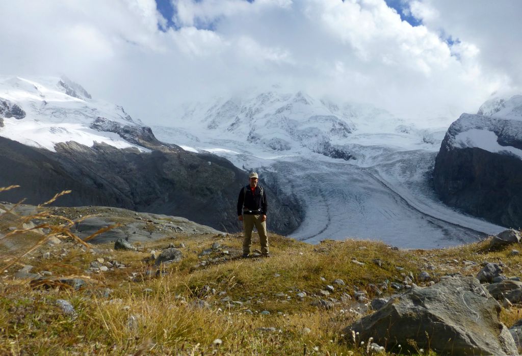 With my camera balanced on a rock, I managed to take this photo of me with the Grenz Glacier in the background.