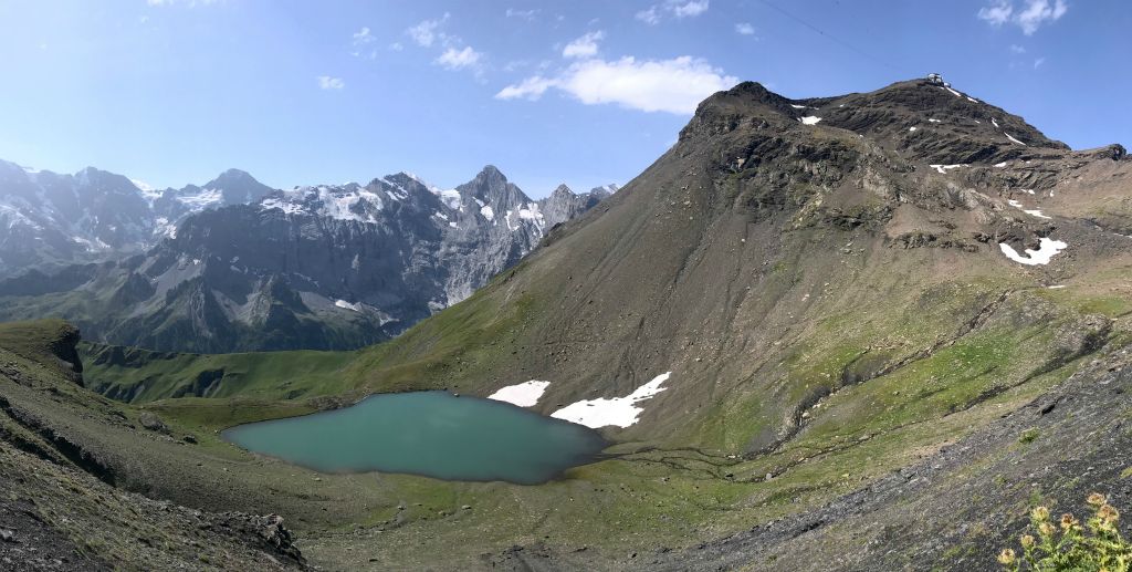 The lake Grauseewli, with Schilthorn visible in the top right. you can also just about make out the cable for the cable car. That's how Judith (and about 98% of the other people) would be getting to the top.