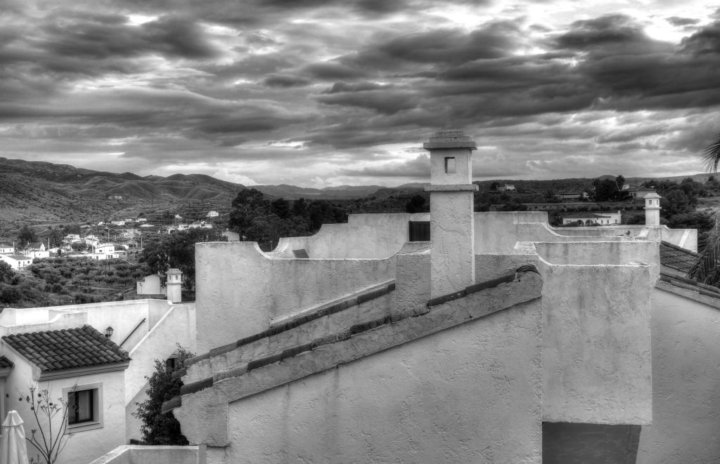 Sunday - This was the view from our roof terrace looking broadly to the south (in black and white). It was still very overcast, but at least it wasn't raining, so we decided to go out for a short walk.