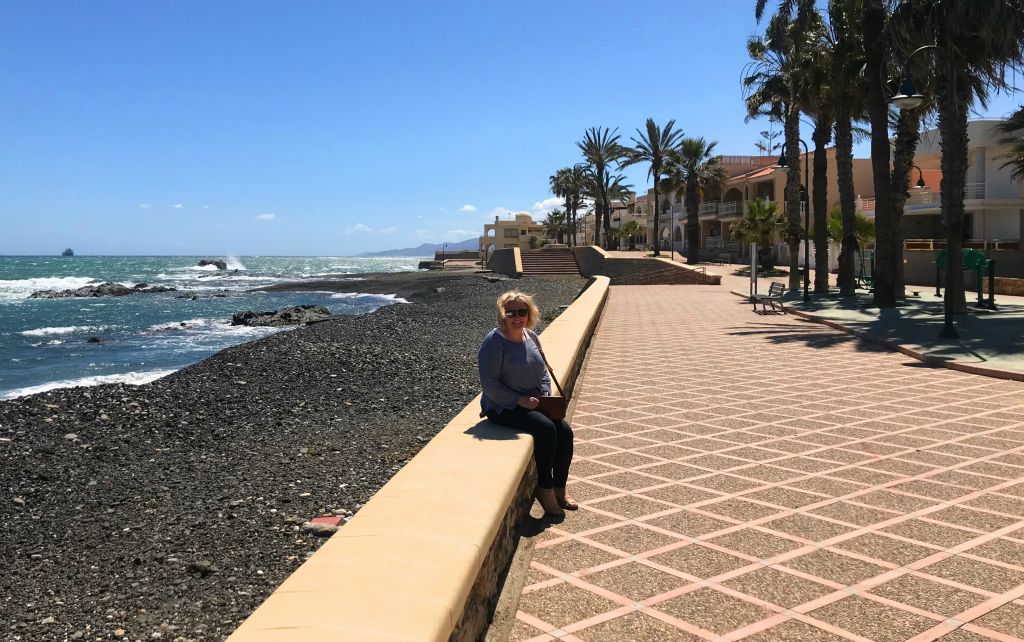 Having lounged around in our apartment for a bit, we decided we should make the effort to go out, so we headed for the coast.Here's Judith on the promenade at Villaricos. No idea where everyone else is though.