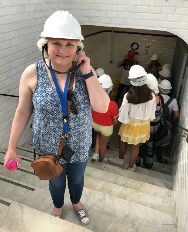It turned out that we were the only non-Spanish people on the tour so we were given headsets to listen to while the guide talked.Here's Judith at the entrance to one of the tunnels that goes under the railway lines to the main station building.
