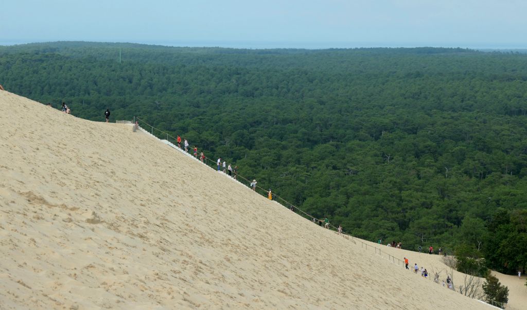 A view of the stairs from the top of the dune. You can see a long way from up here.