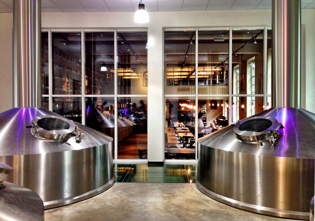 In the new brew room on the brewery tour. Through the windows you can see the refurbished bar/restaurant where we will be having our lunch later.