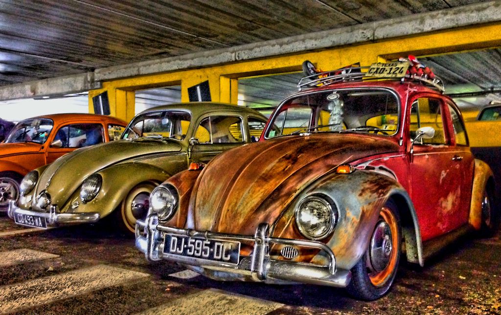 Sunday - The remains of a hurricane are blowing across northern Europe today, so the weather in Brugge is miserable. We stock up on beer and chocolate before heading to the Citie de Europe near Calais to kill some time before our train leaves. These Beetles were in the car park at the Citie de Europe.